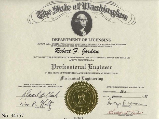 Washington State Professional Engineer license, Mechanical Engineering, #34757
