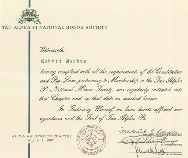 Tau Alpha Pi National Honor Society certificate