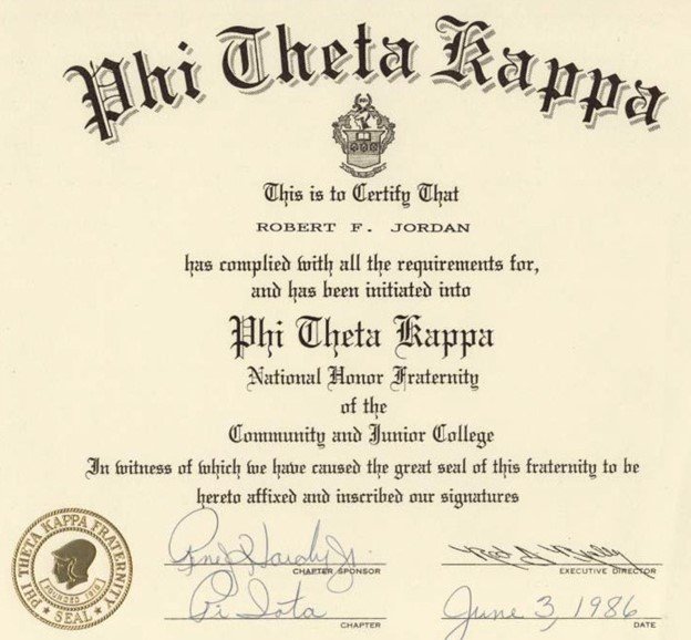 Phi Theta Kappa National Honor Fraternity certificate